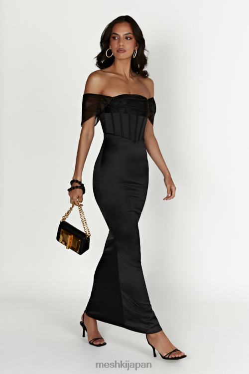 Everly オフショルダー オーガンジー サテン マキシドレス Meshki 黒 N80F6430 衣類