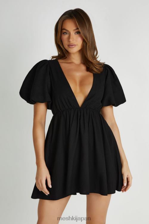 マイラ パフスリーブ リネン ミニドレス Meshki 黒 N80F6226 衣類