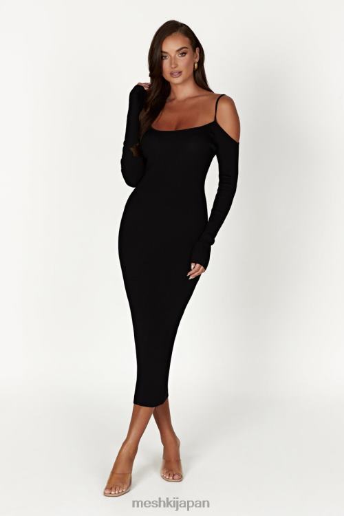 シア オフショルダー ニット ミディドレス Meshki 黒 N80F6228 衣類