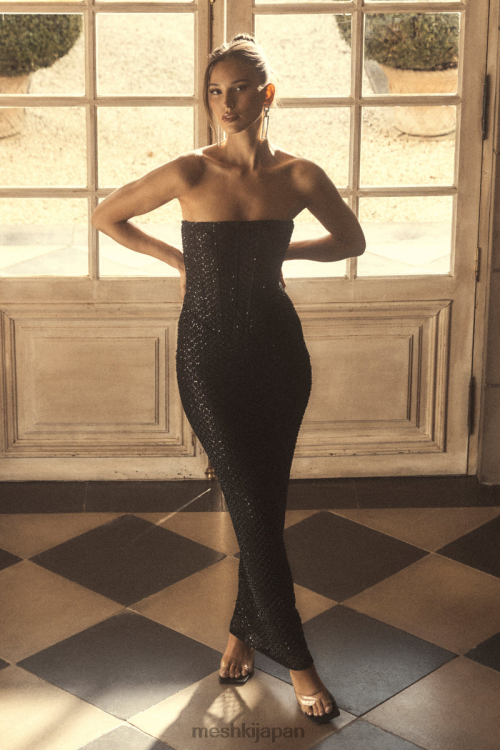 ジェマ ストラップレス スパンコール マキシドレス Meshki 黒 N80F638 衣類