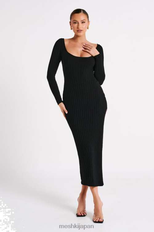 スプリット付きジニアニットマキシドレス Meshki 黒 N80F664 衣類