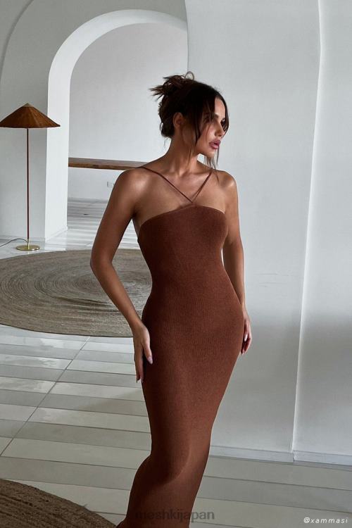 アリアナ アシンメトリー ストレート マキシ ホルター ニット ドレス Meshki 粘土 N80F6727 衣類