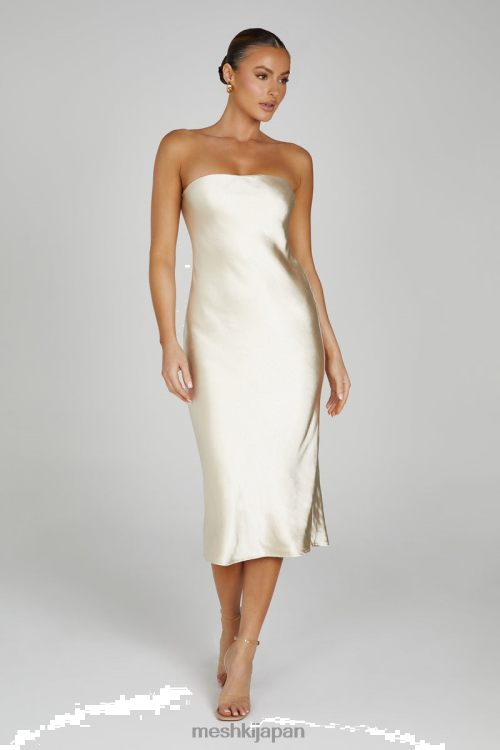 タイラー ストラップレス サテン ミディドレス Meshki 金 N80F691 衣類